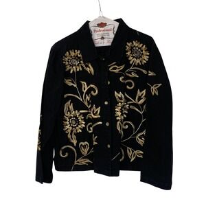 West End Jacket Womens Large Black Gold Floral Embroidered Button Front JTW10013